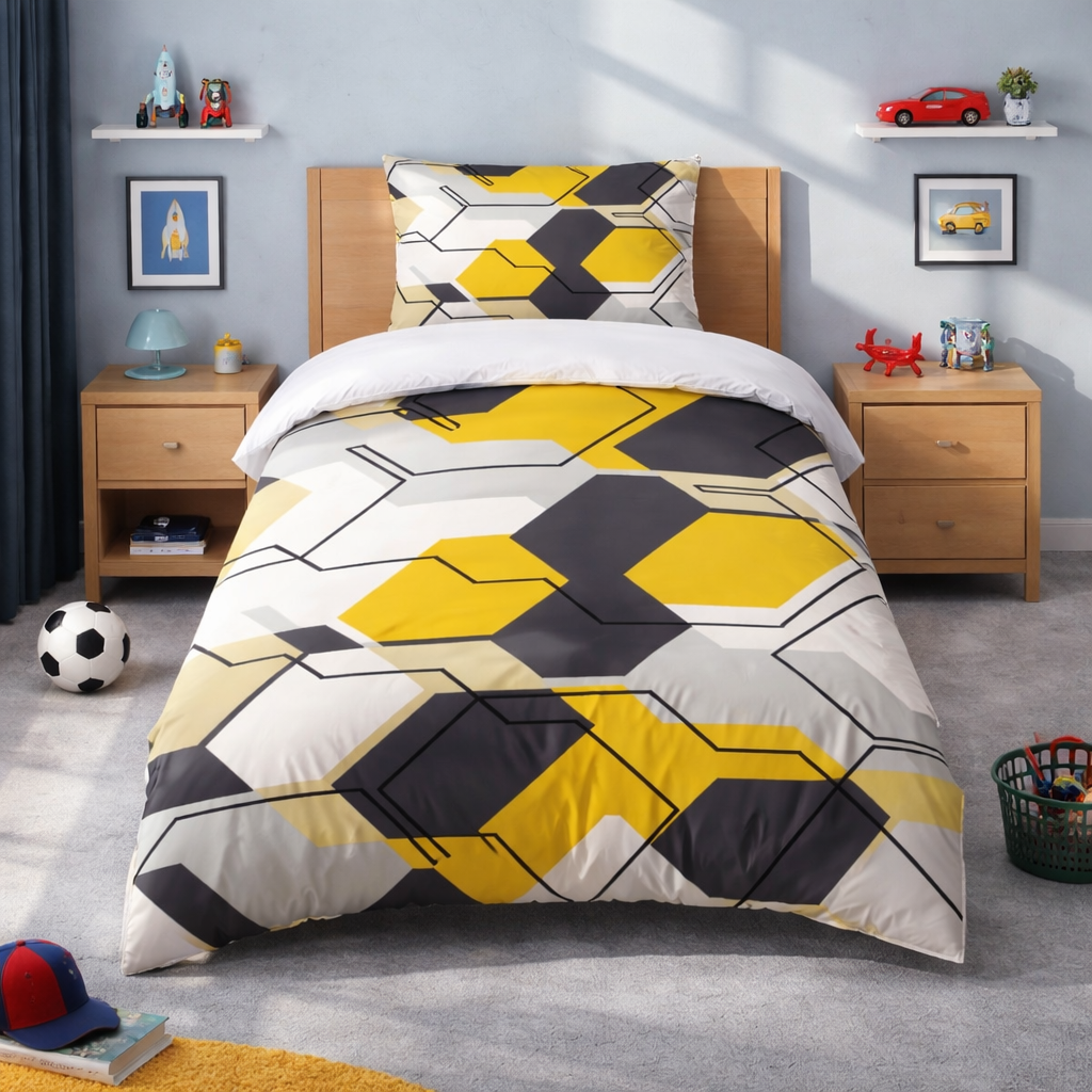 Multicoloured hexagon design bedding set in a cosy bedroom