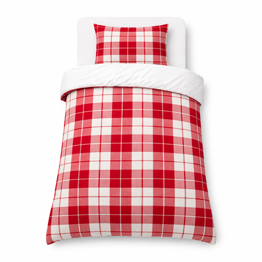 Red and white checkered duvet set with matching pillow on a white background
