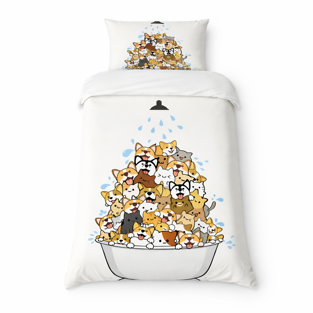 Children’s single duvet set with cartoon cats and dogs in a bathtub on white background