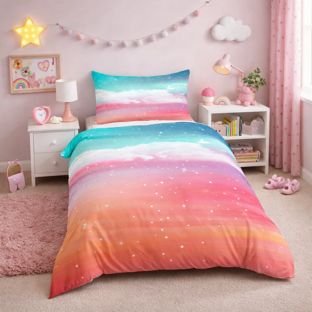 Multicoloured gradient cloudy star design duvet set in a girls bedroom setting