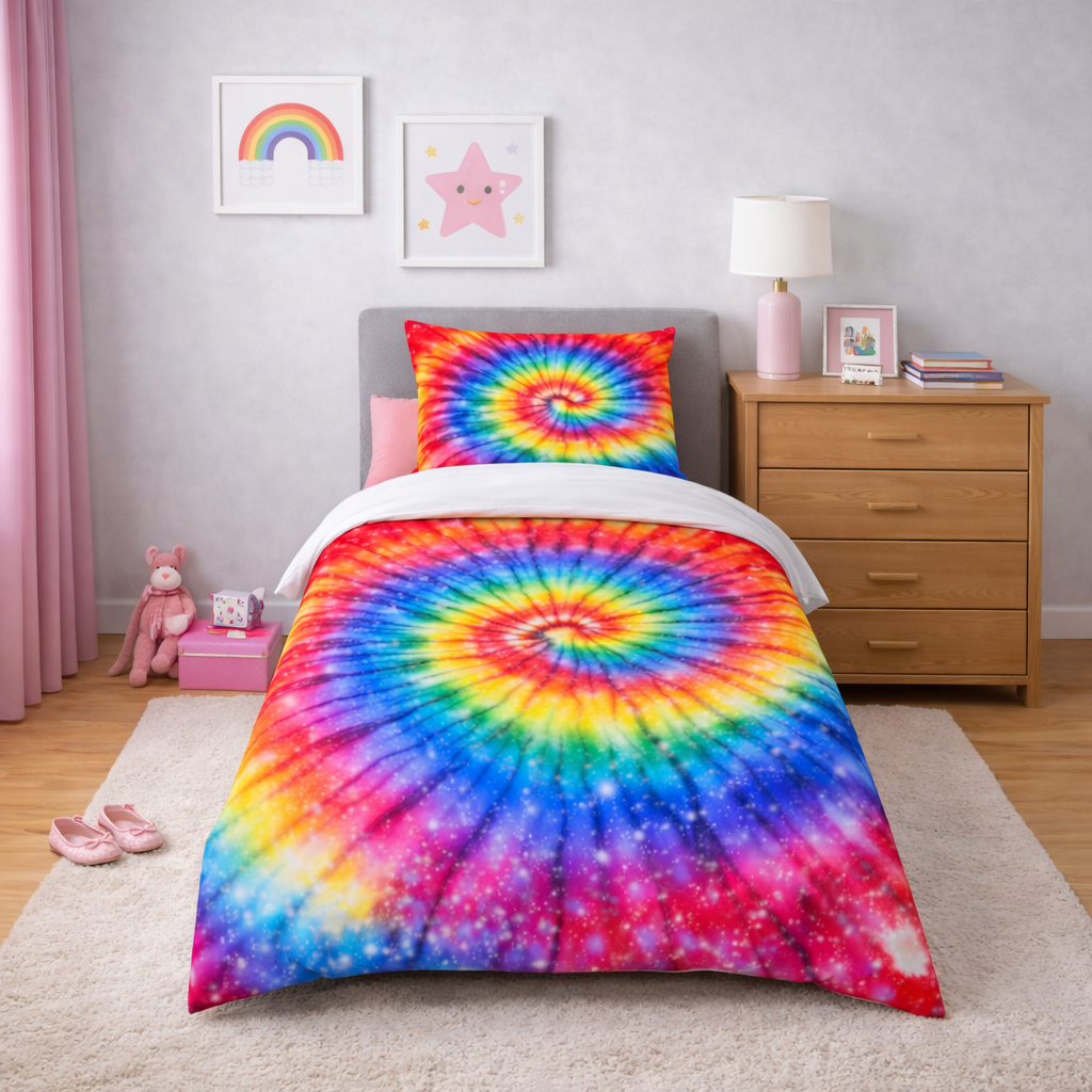 Tie-dye bedspread on a bed in a bedroom with a lamp and dresser.