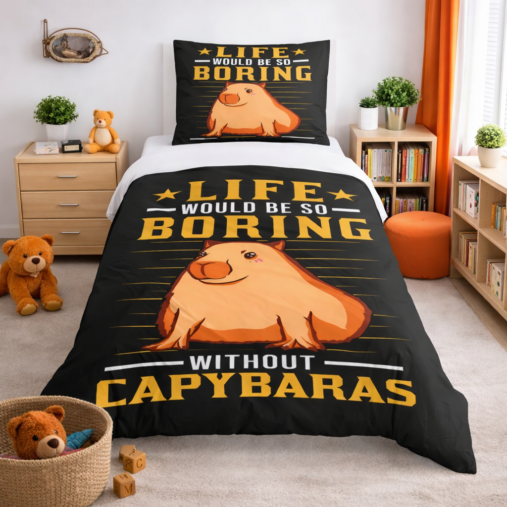Bedding set with capybara design and text in a bedroom setting