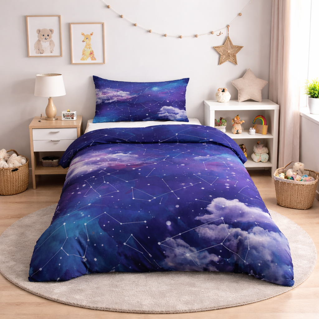 Navy cloudy star constellation duvet set in a kids bedroom setting