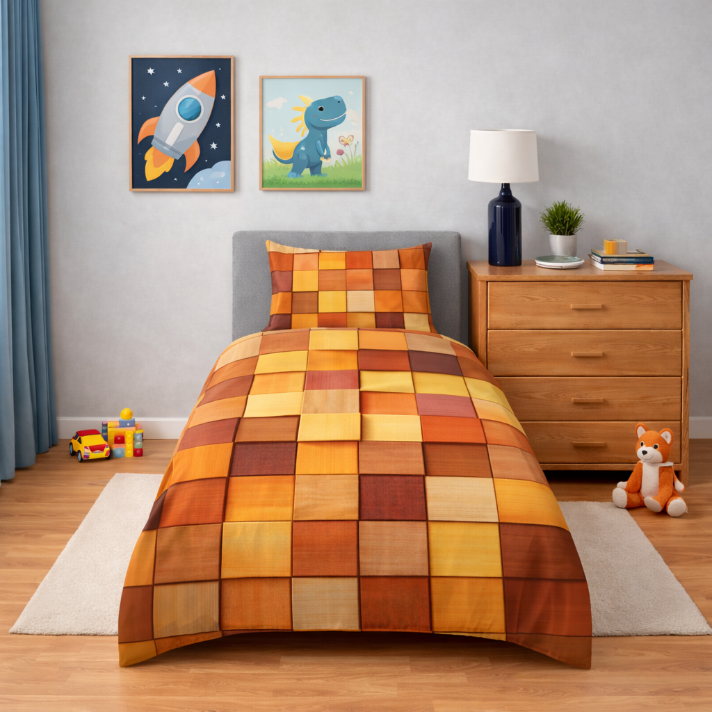 Orange square geometric bed cover and pillowcase in a bedroom setting