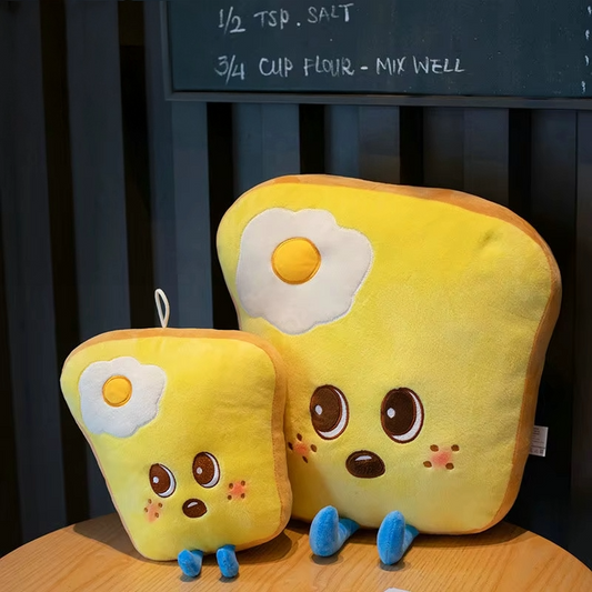 Egg on toast plush toy with smiling face and soft fast-food character design