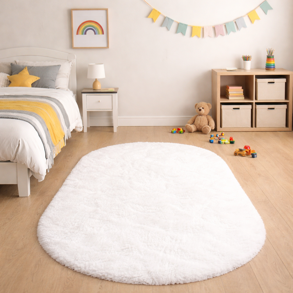 White silky plush oval rug placed on a wooden floor in a softly lit bedroom
