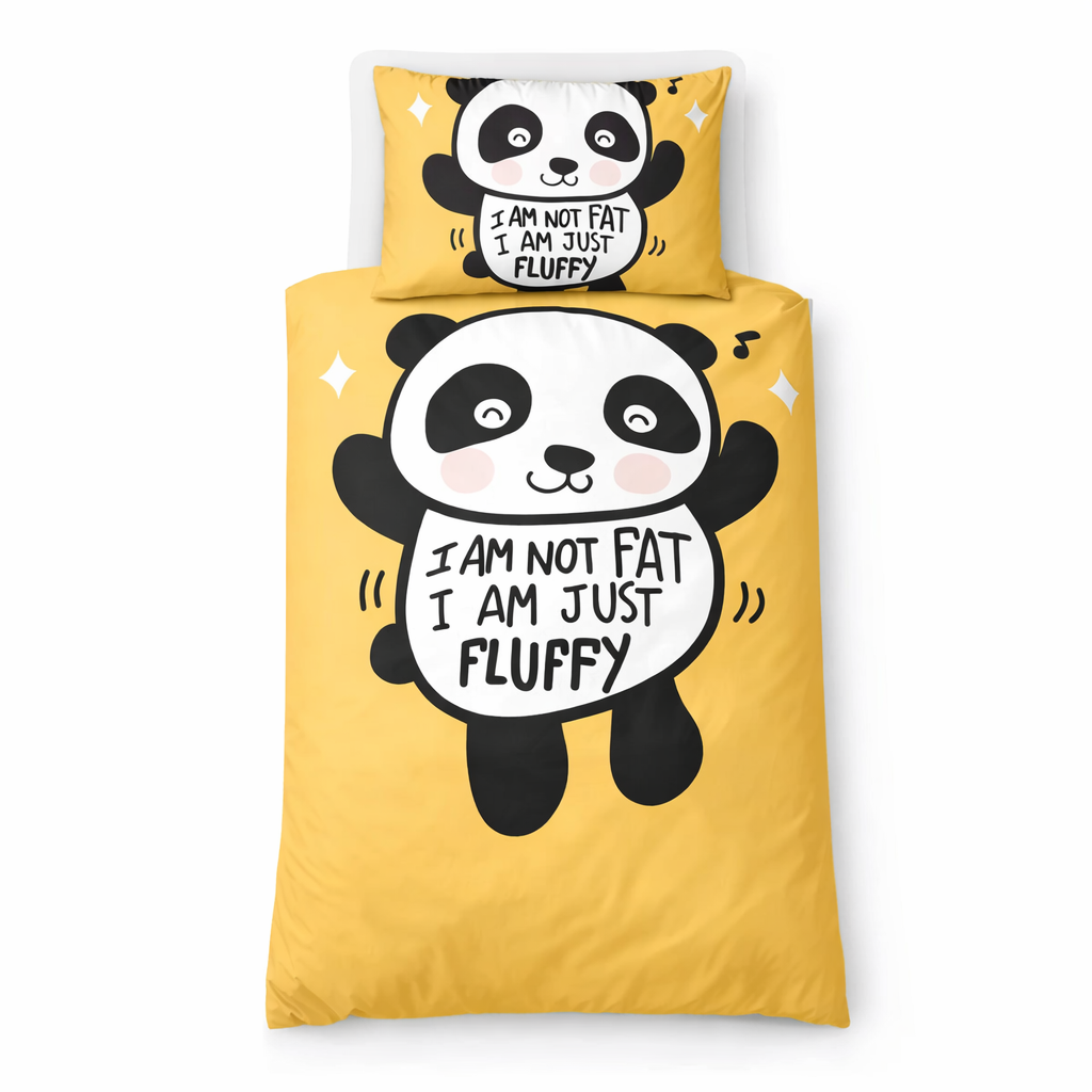 'I am not fat I am just fluffy' yellow panda design duvet cover and pillowcase on a white background