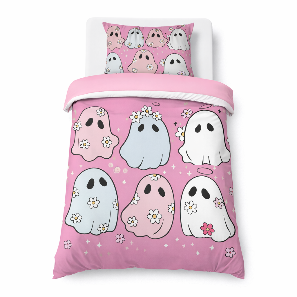 Pink ghost duvet cover set with cartoon ghosts and flower details on a white background