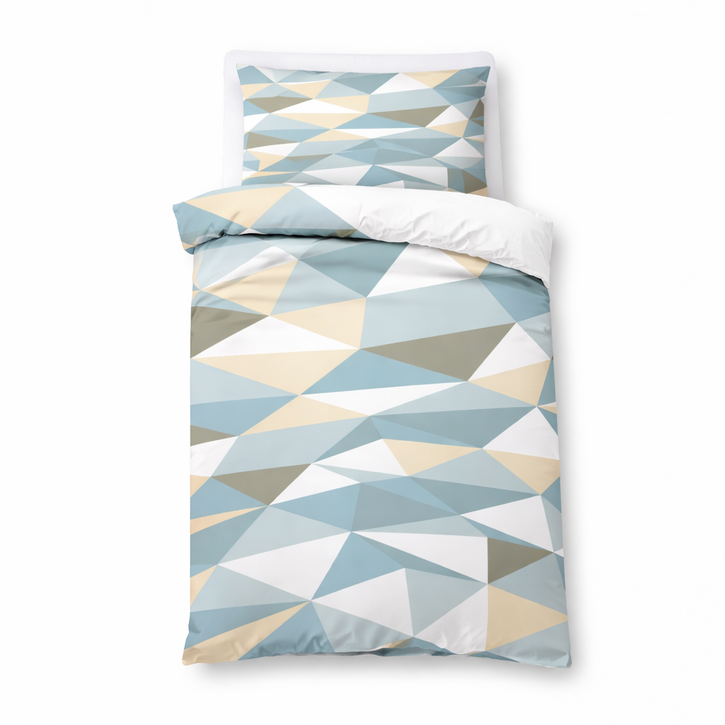 Geometric patterned bedding set with triangles on a white background