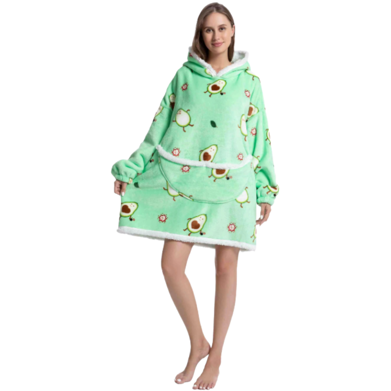 Woman wearing green oversized wearable hoodies with playful exploding avocado print and soft sherpa lining