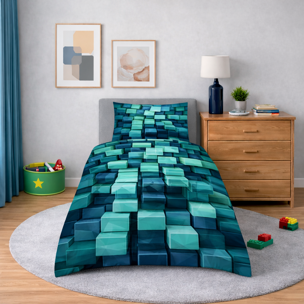 Blue cube bed cover and pillowcase in a bedroom setting