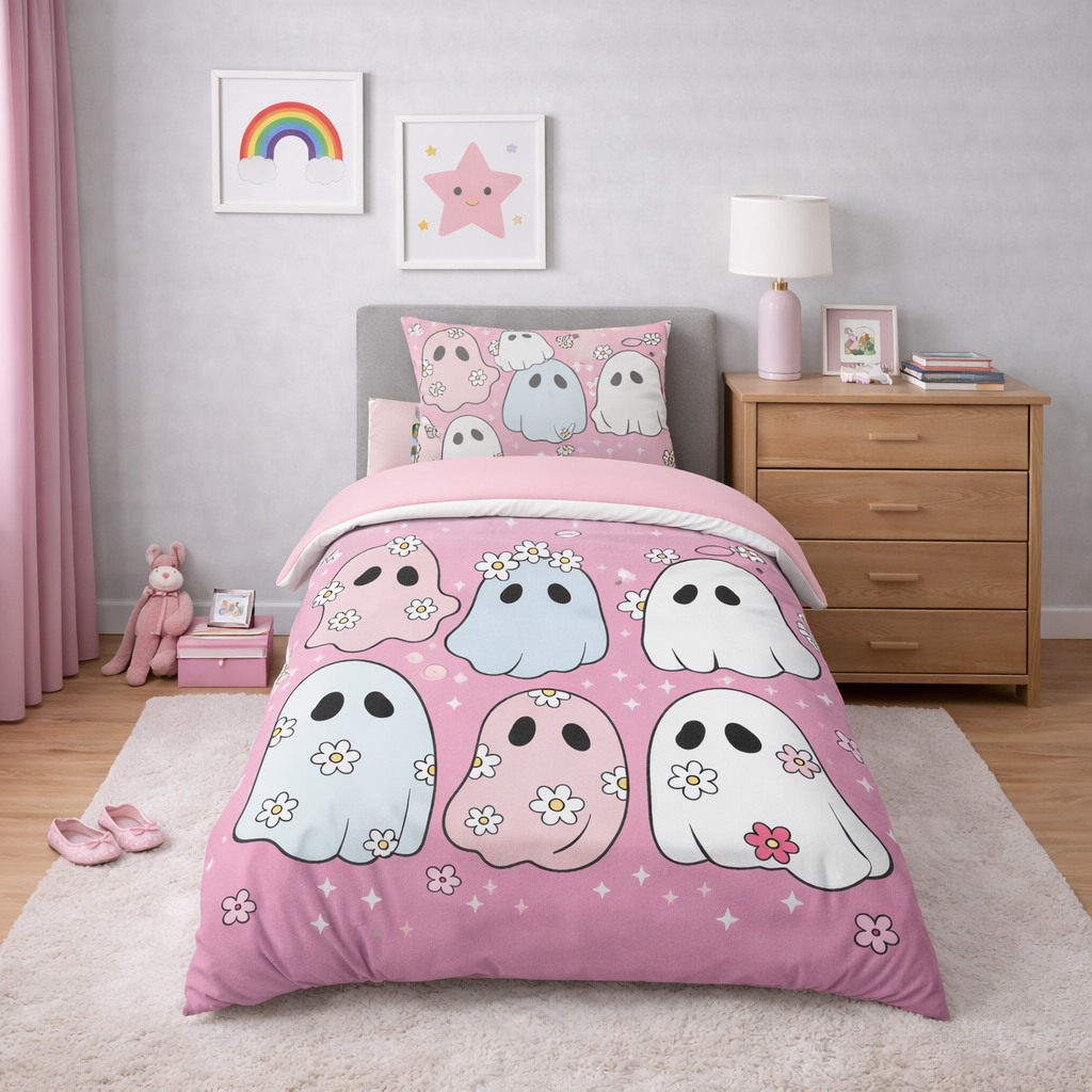 Pink ghost duvet cover set with cartoon ghosts and flower details