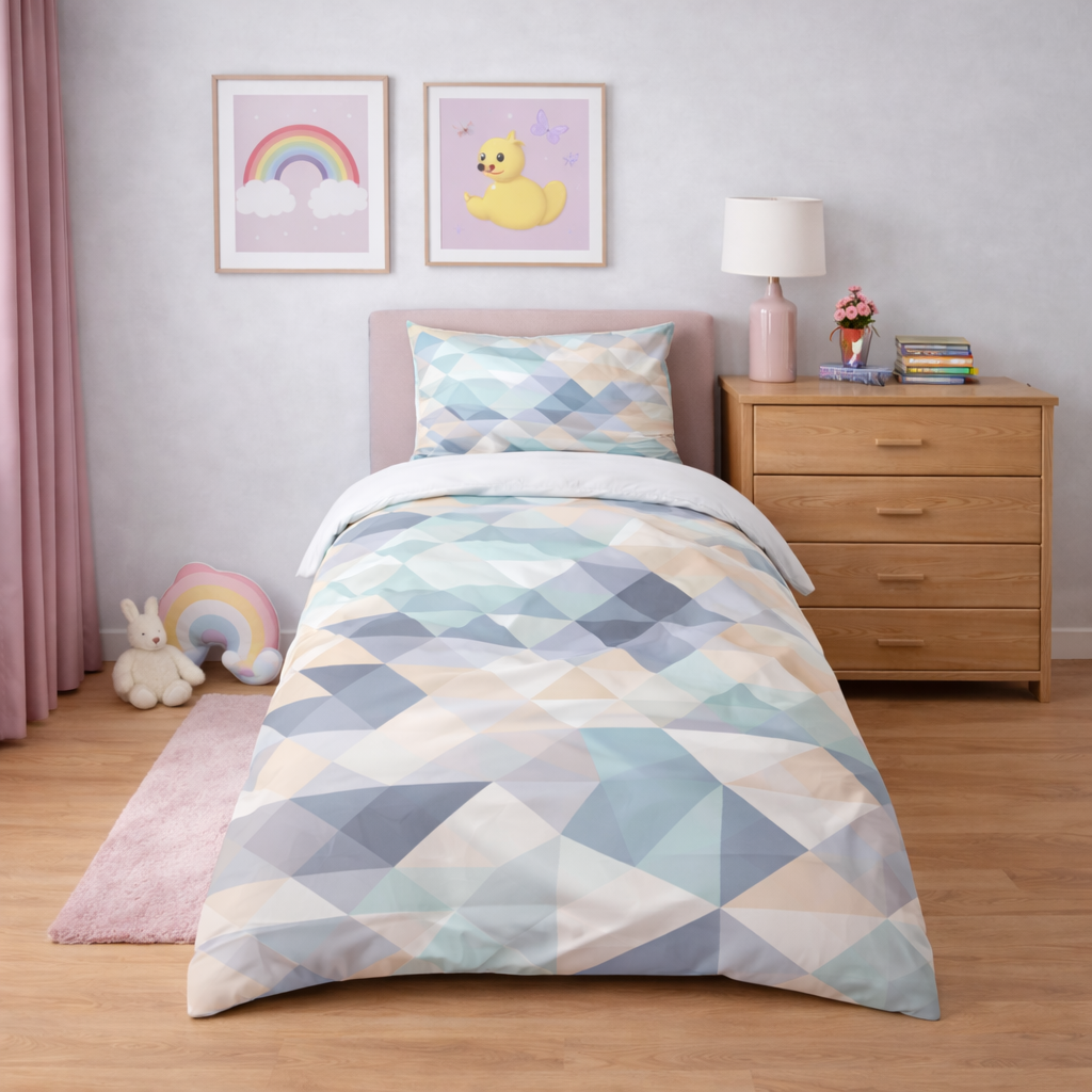 Children's bedroom with geometric patterned bedding, wooden dresser, and colourful décor.
