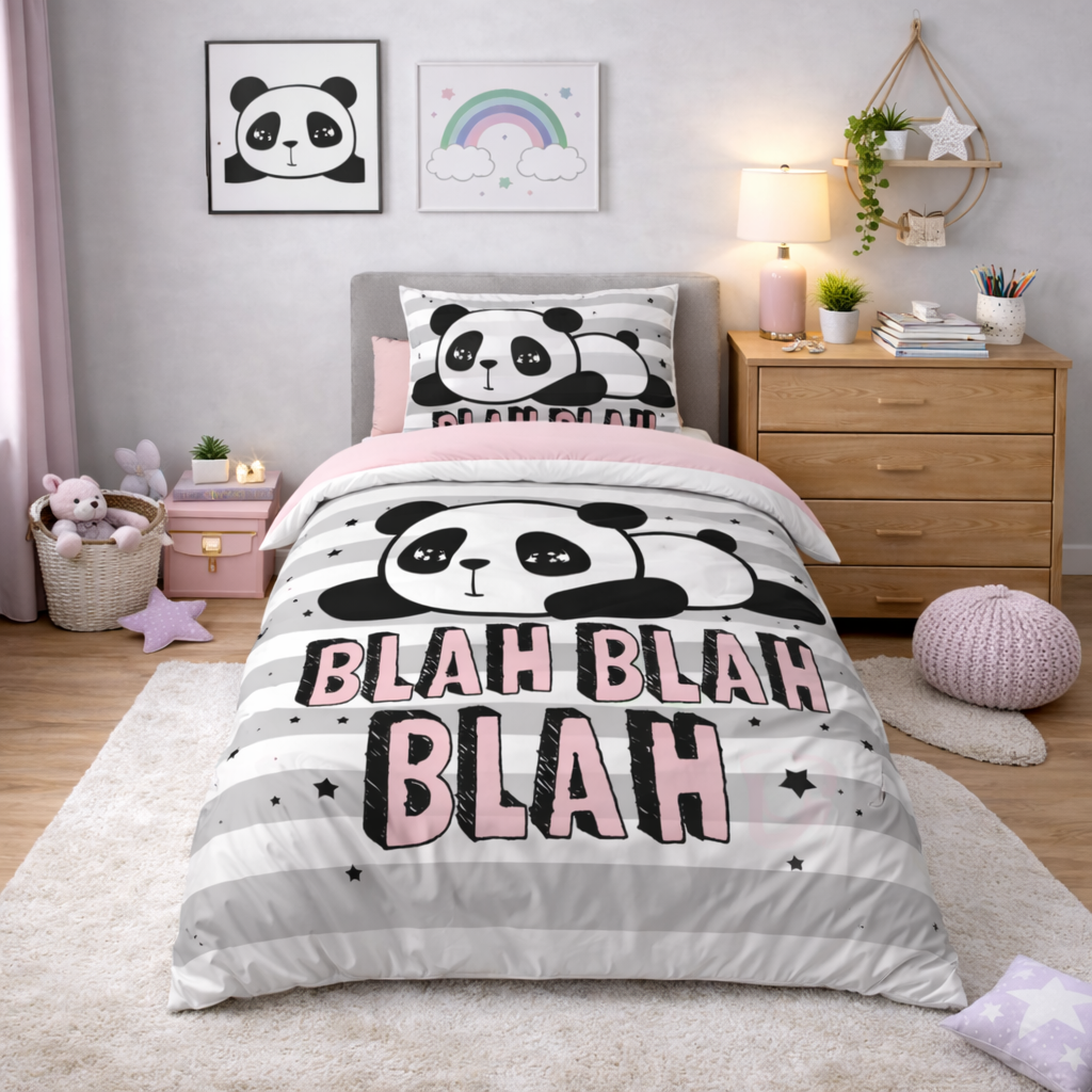 'Blah Blah Blah' panda design duvet cover and pillowcase