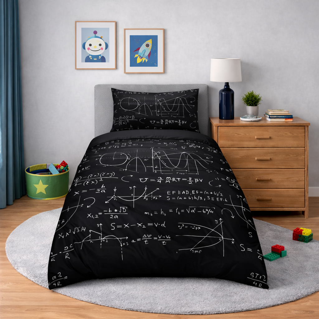 Math formula design duvet cover and pillowcase in a bedroom setting