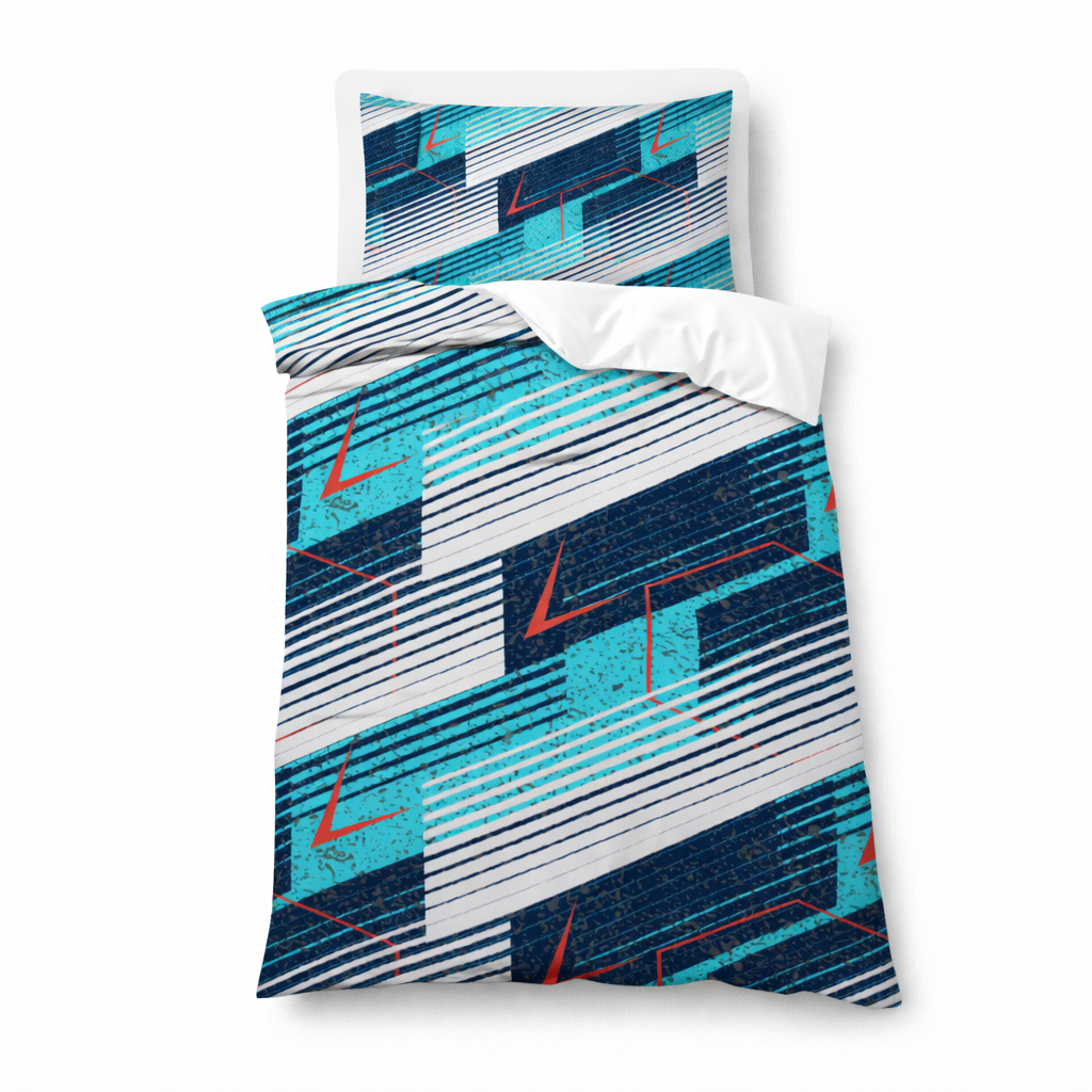 Geometric patterned bedding set with blue, white, and red design on a white background