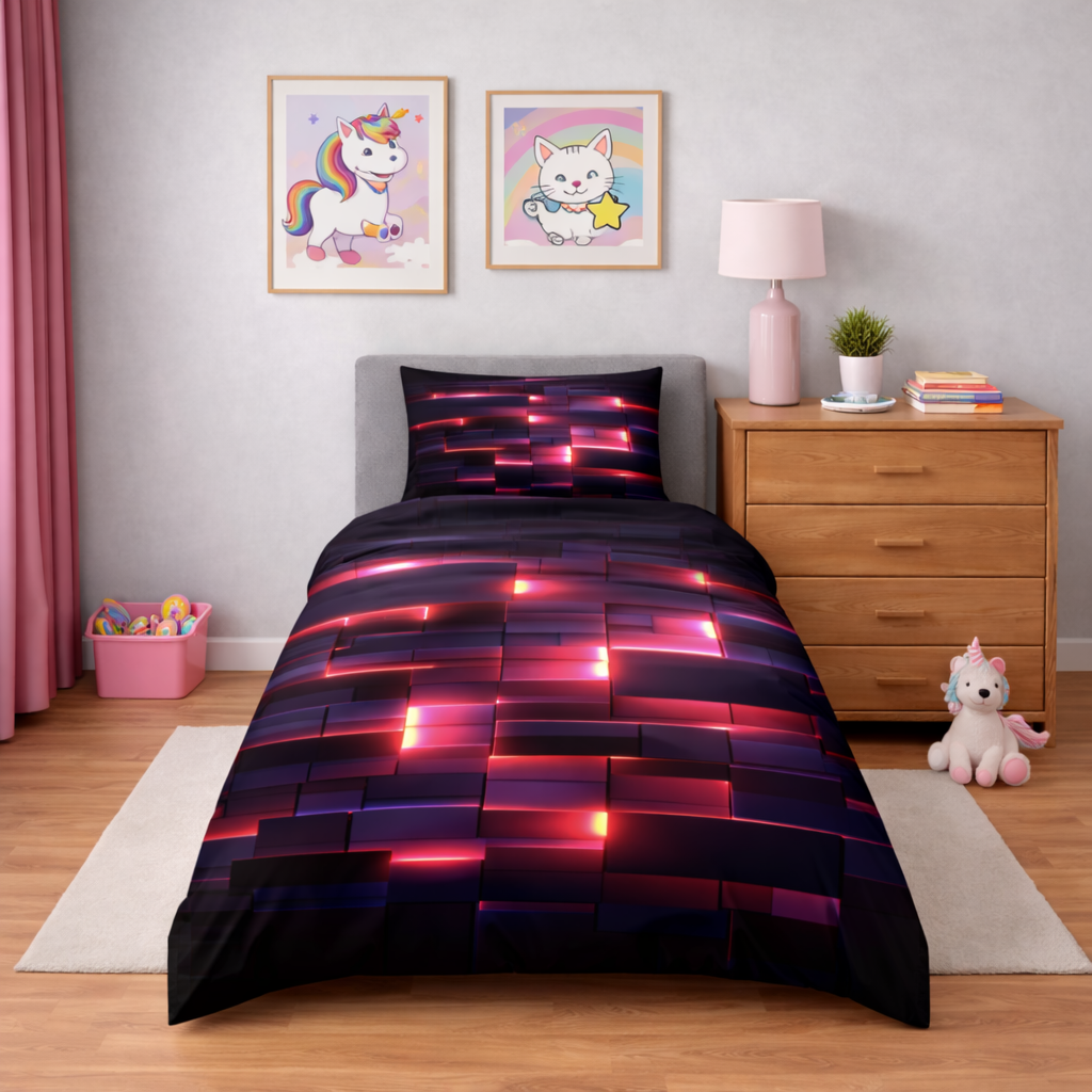 Neon pink geo design duvet cover and pillowcase in a bedroom setting