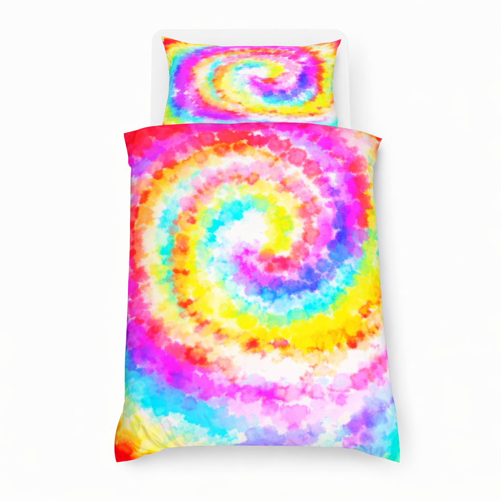 Tie-dye bedspread with spiral pattern on a white background