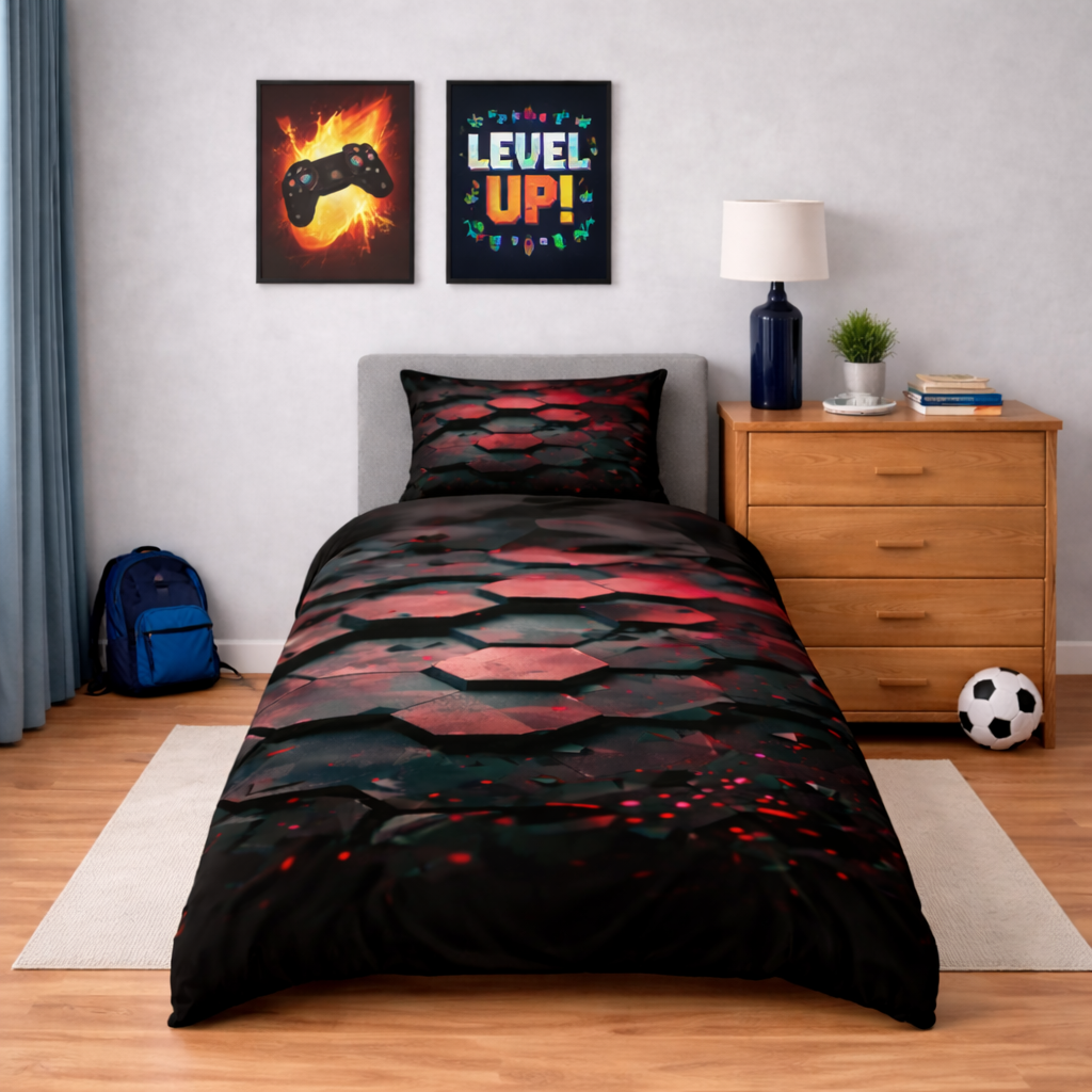 Red and black geo design duvet cover and pillowcase in a bedroom setting