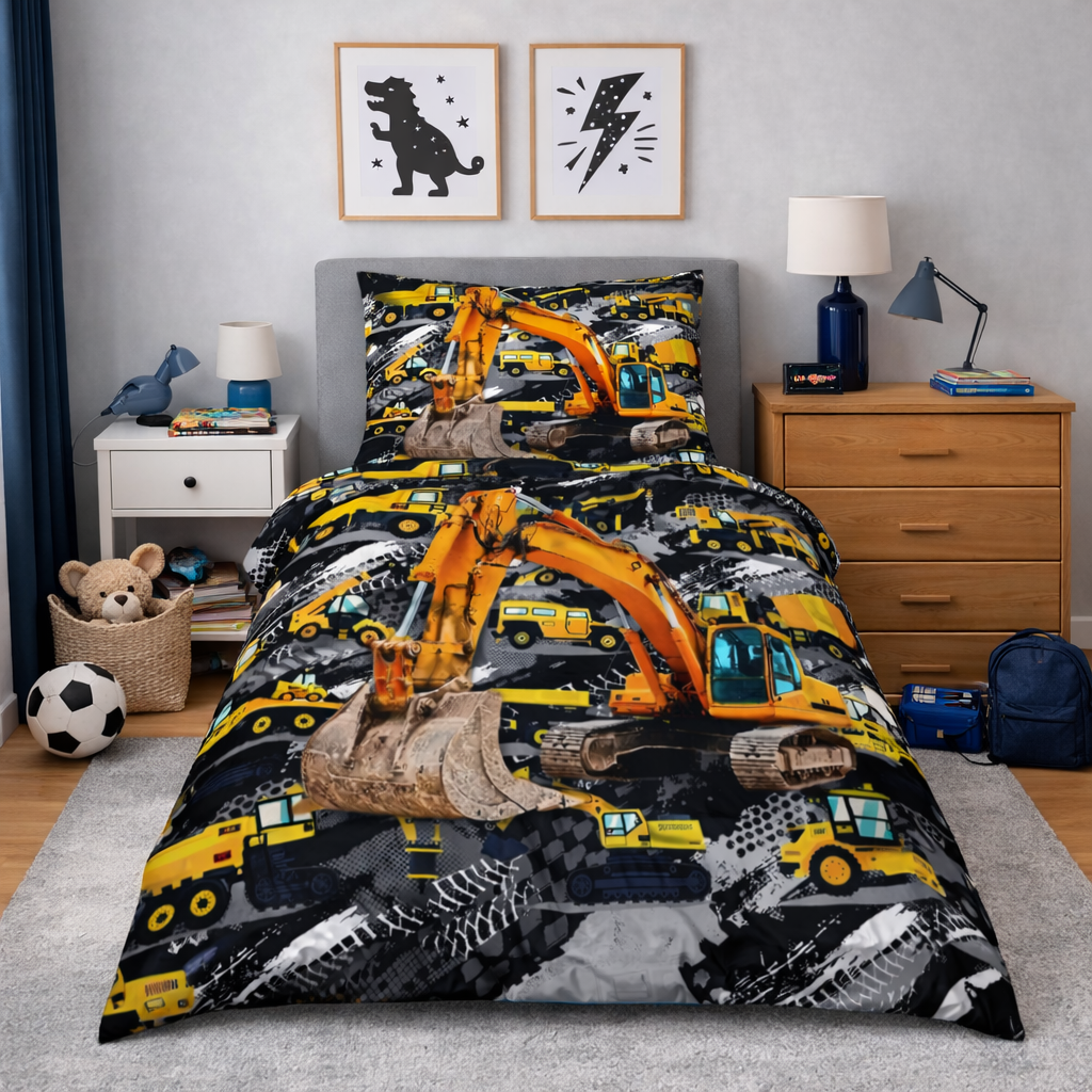 Children's bedroom with construction-themed bedding set on a bed.