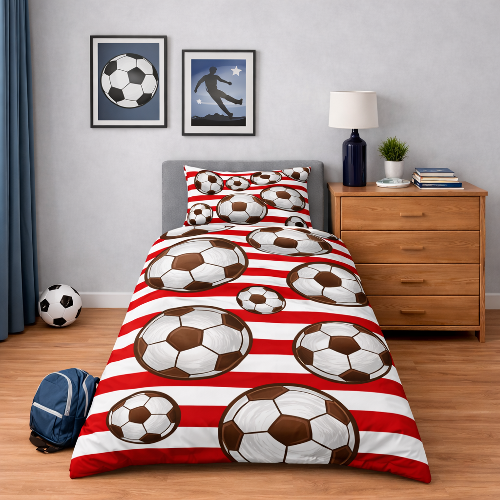 Bedroom with soccer-themed bedding and decor