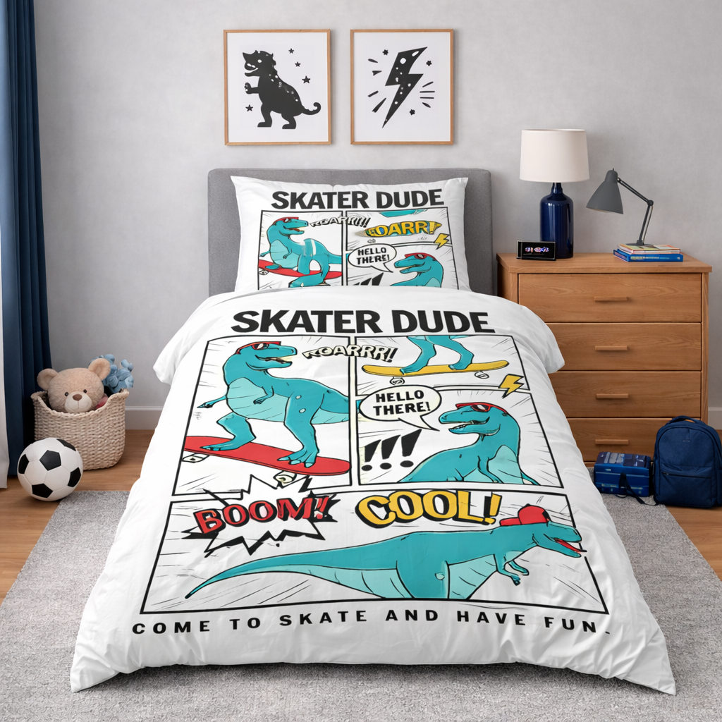 Bedding set with dinosaur design in a bedroom setting