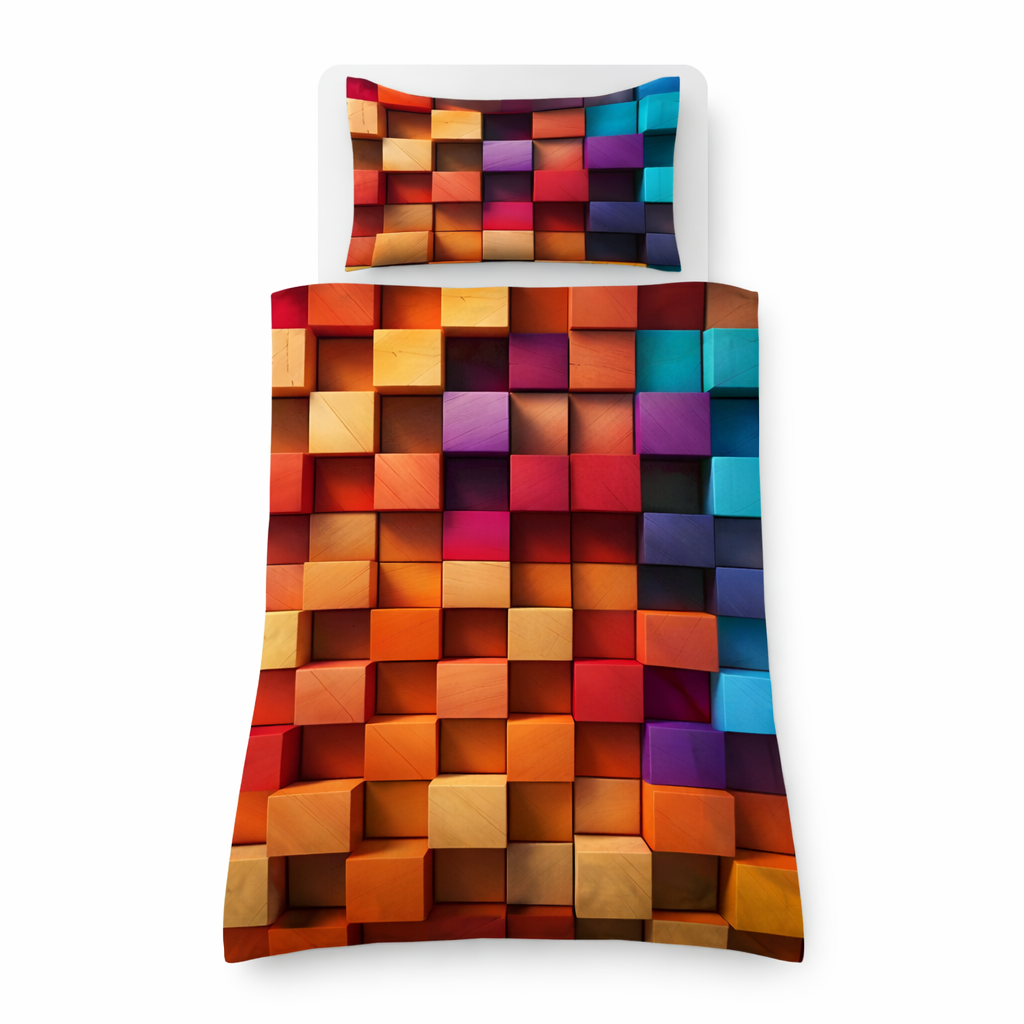 Colourful square geometric patterned bedding set on a white background