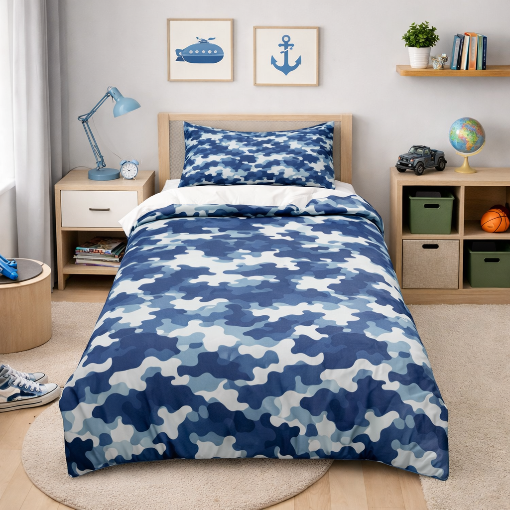 Bedroom with blue camouflage bedding, nightstands, and decor.