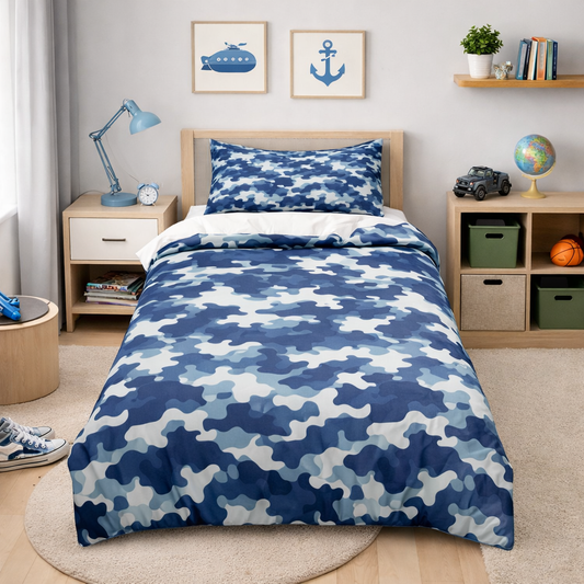 Bedroom with blue camouflage bedding, nightstands, and decor.