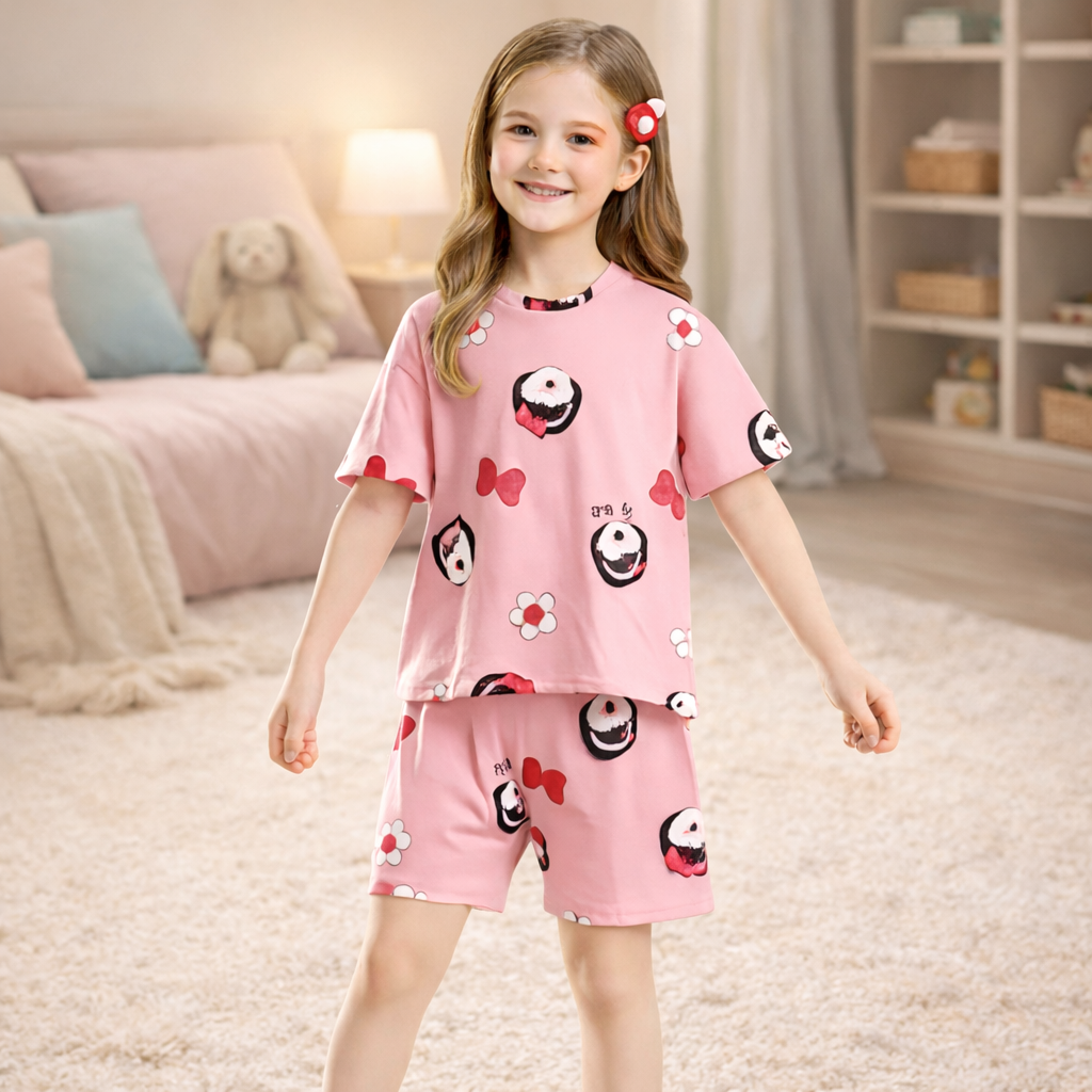 Young girl wearing a pink pyjama set with cartoon designs in a cosy bedroom.