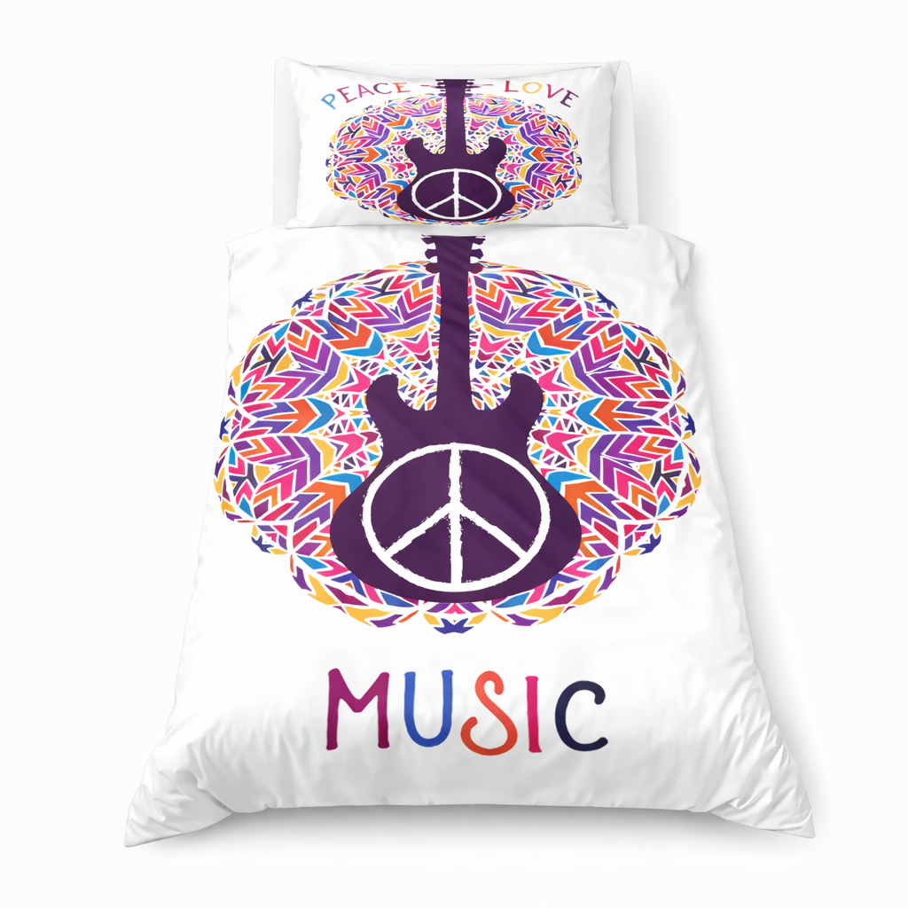 Bedding set with guitar and peace symbol design on a white background