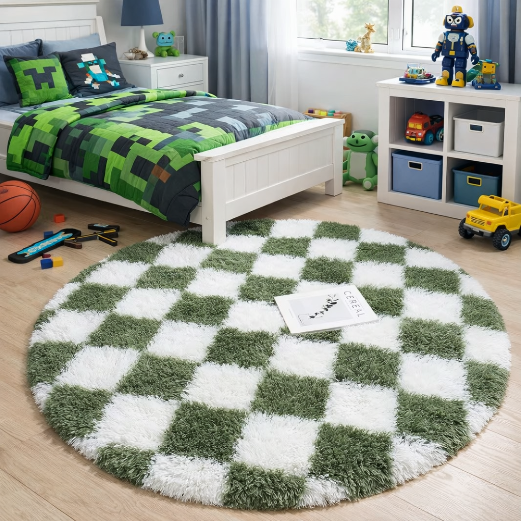 Children's room with a checkered green and white rug, bed, and toys scattered around.