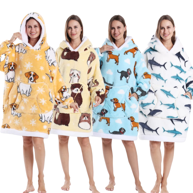 Animal-print fleece wearable blanket hoodie shown in multiple designs with hood and front pocket