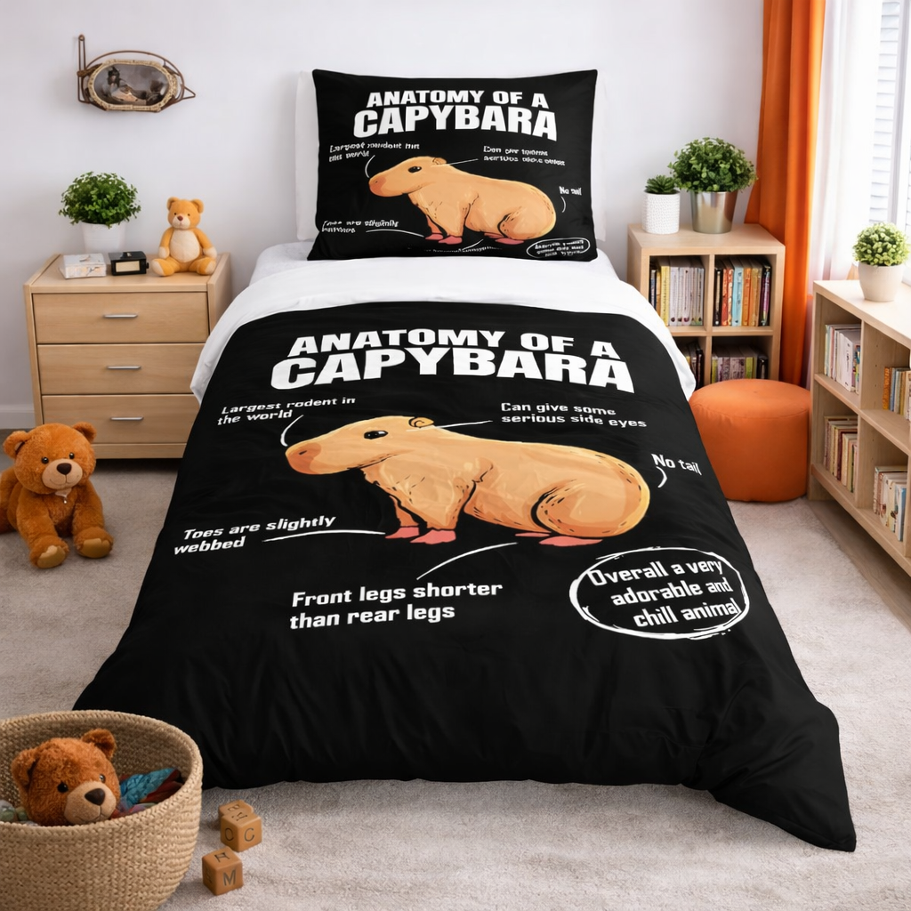 Bedding set with 'Anatomy of a Capybara' design in a bedroom setting.