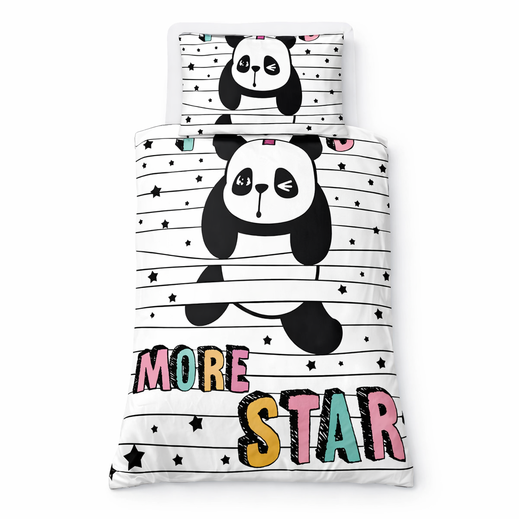Children's bedding set with panda design and 'More Star' text on a white background