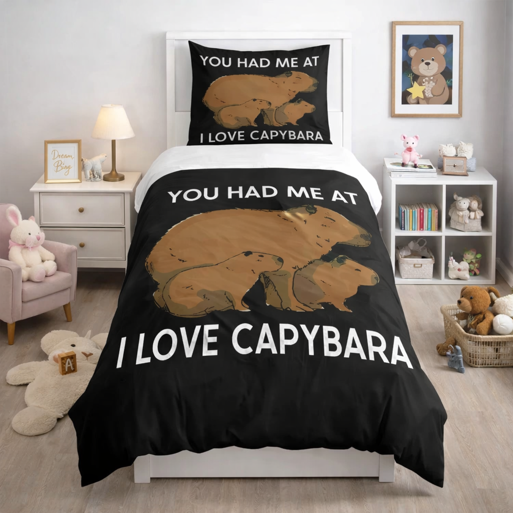 Bedding set with capybara design and text in a bedroom setting