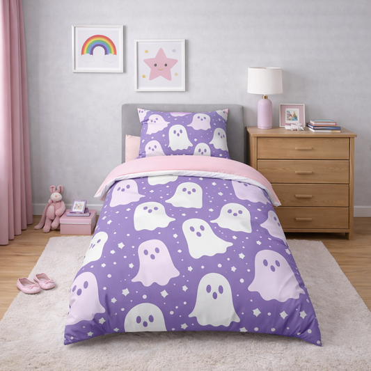 Purple ghost kids duvet set with cute floating ghost pattern and matching pillowcase