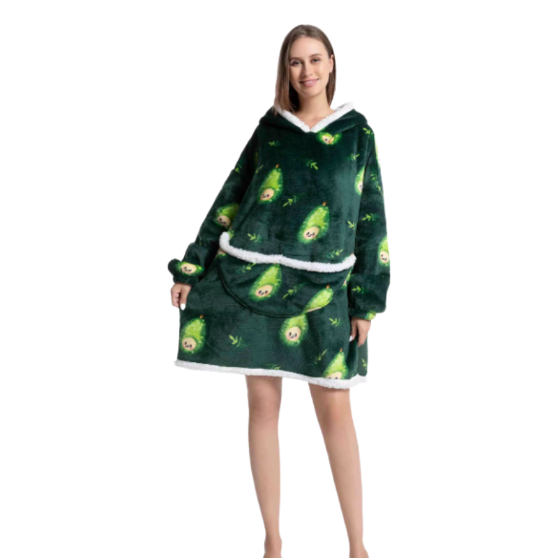 Woman wearing green oversized wearable hoodies featuring a playful pear print and soft sherpa lining