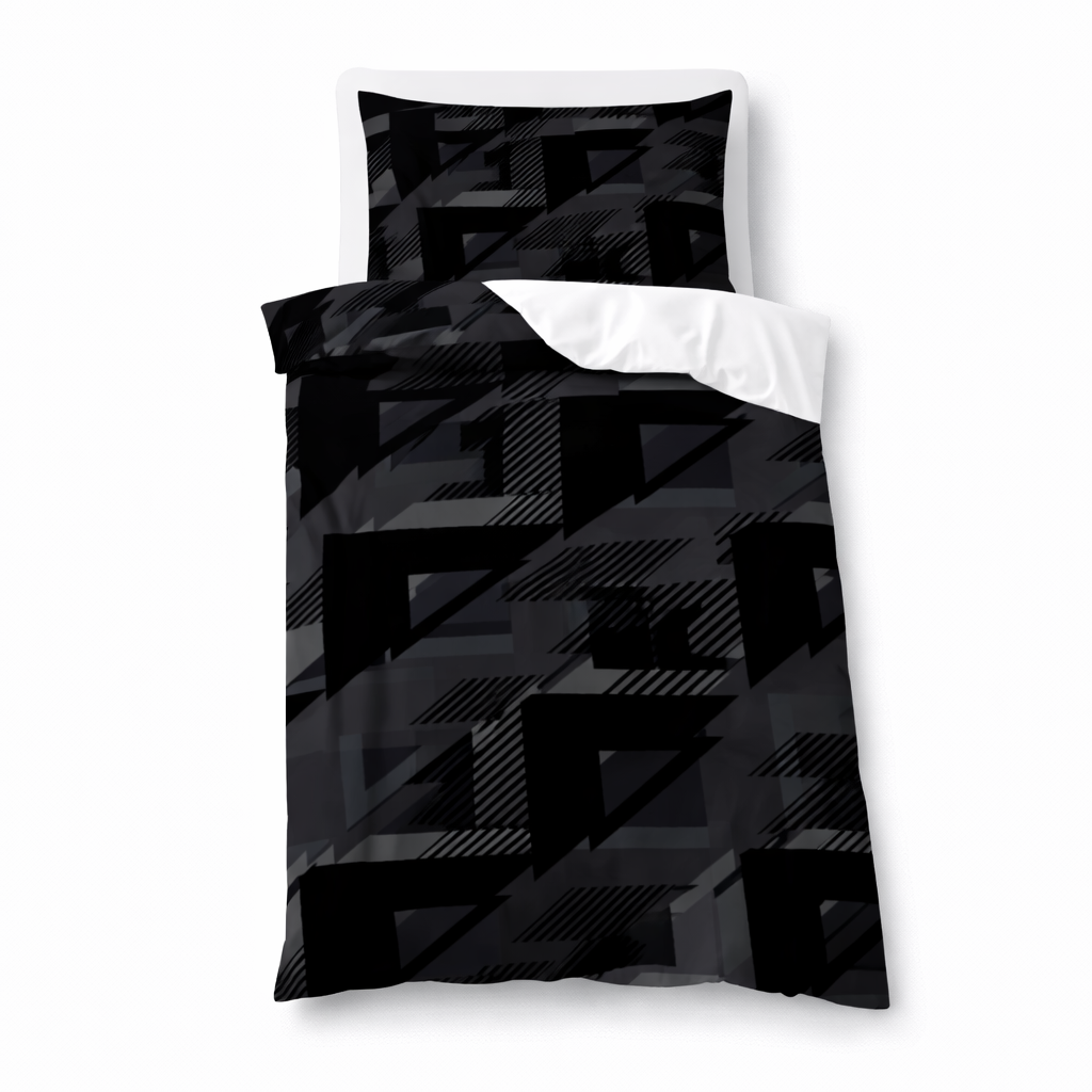 Black geometric patterned bedding set on a white background