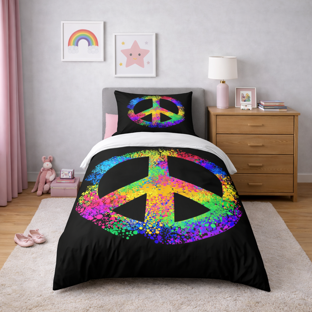 Bedding set with colorful peace symbol design in a bedroom setting.