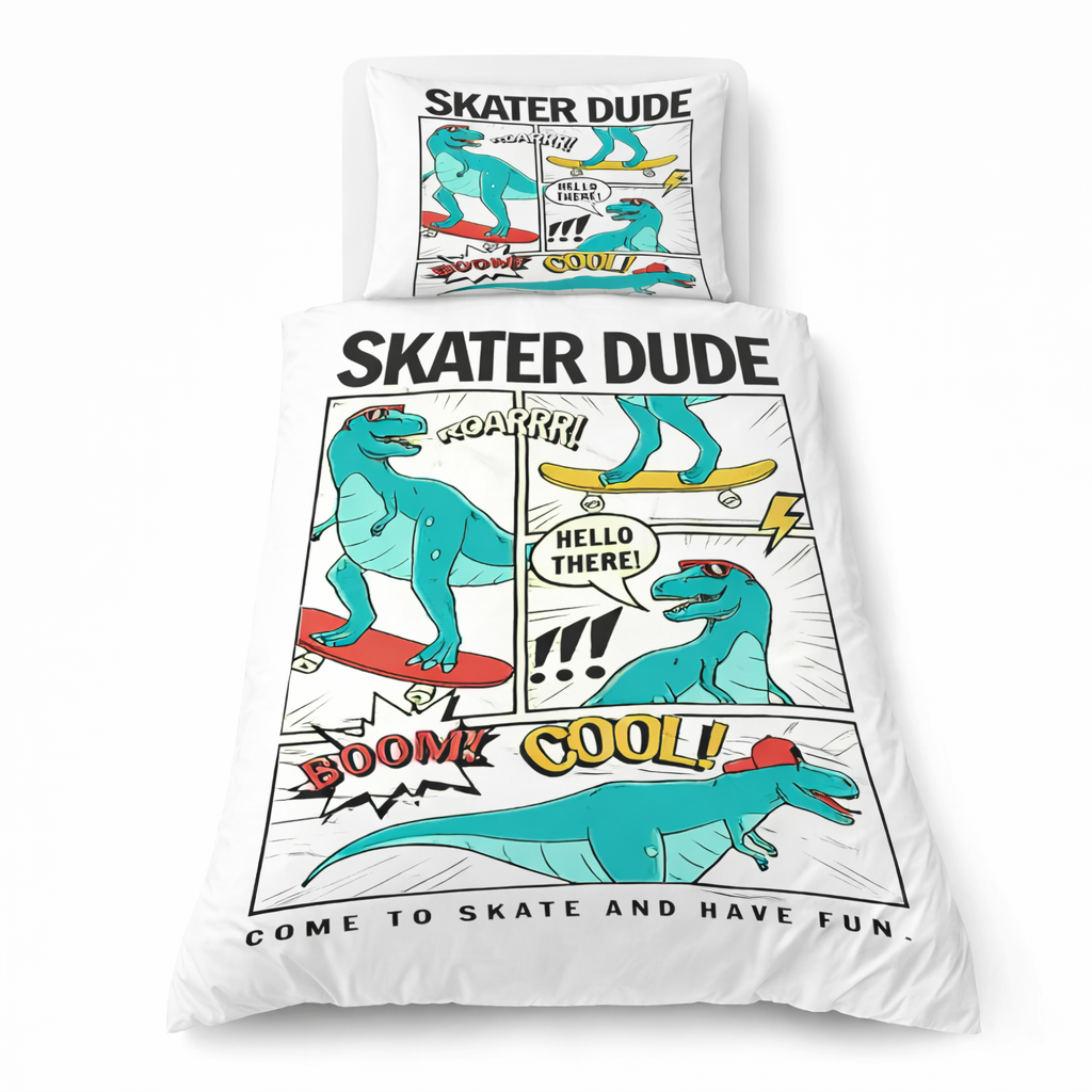 Bedding set with skater dinosaur design on a white background
