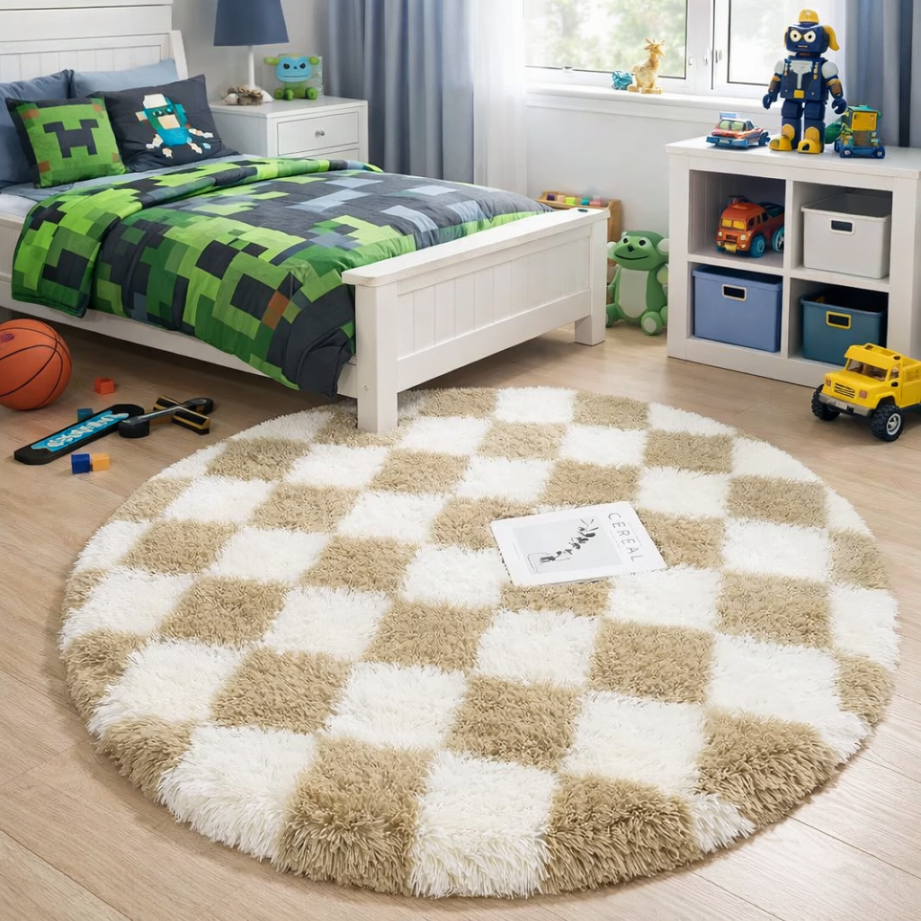Children's bedroom with a checkered round rug, bed with bedding, and toys scattered around.