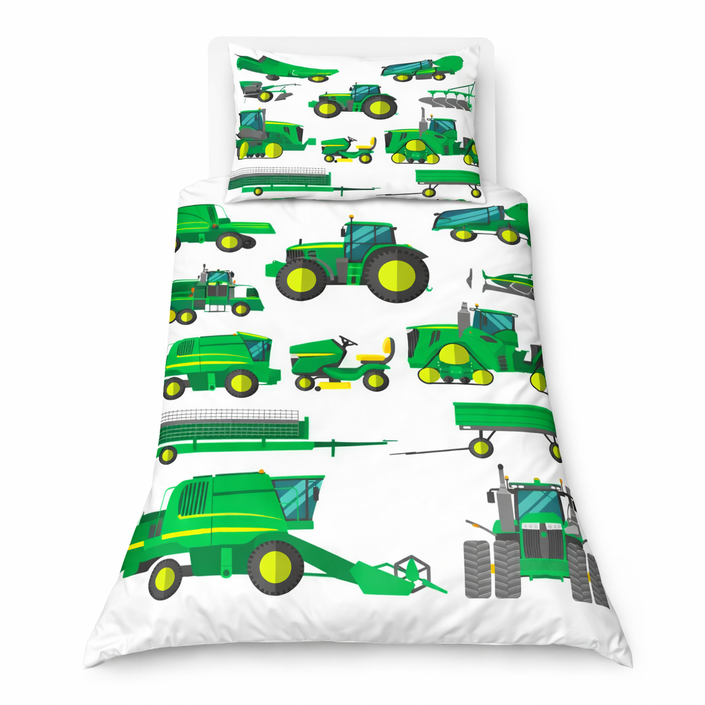 Children's bedding set with green tractors and farm equipment on a white background