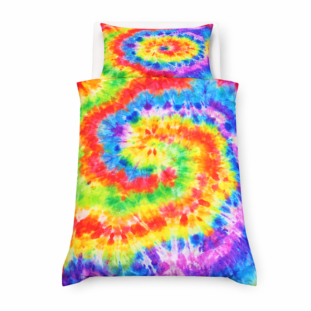Tie-dye pillowcases with a colorful spiral pattern on a white background