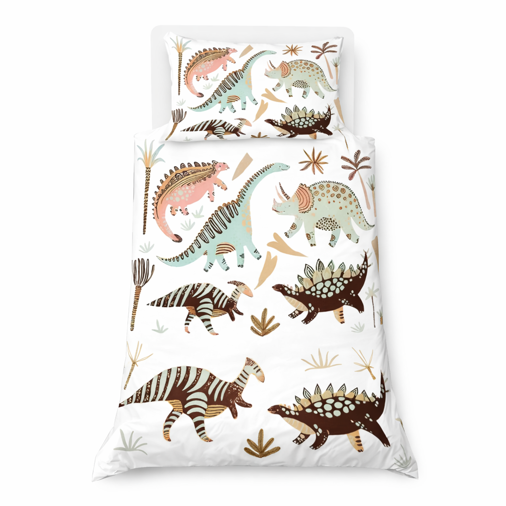 Dinosaur themed duvet cover and pillowcase on a white background