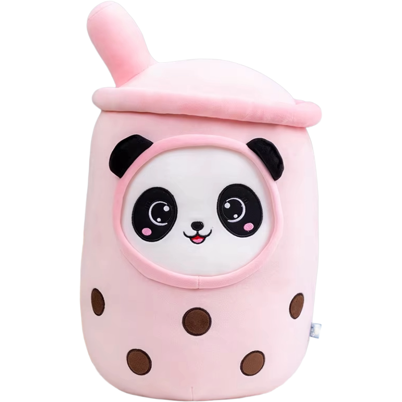 Panda bubble tea plush toy in gentle pink with soft plush finish