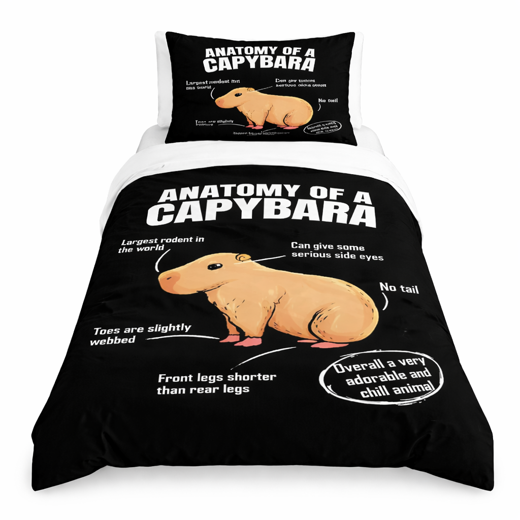 Capybara-themed bedding set with black comforter and pillowcase on a white background