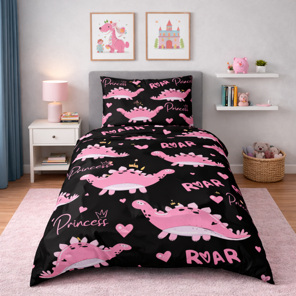 Children's bedroom with pink dinosaur-themed bedding set on a bed.