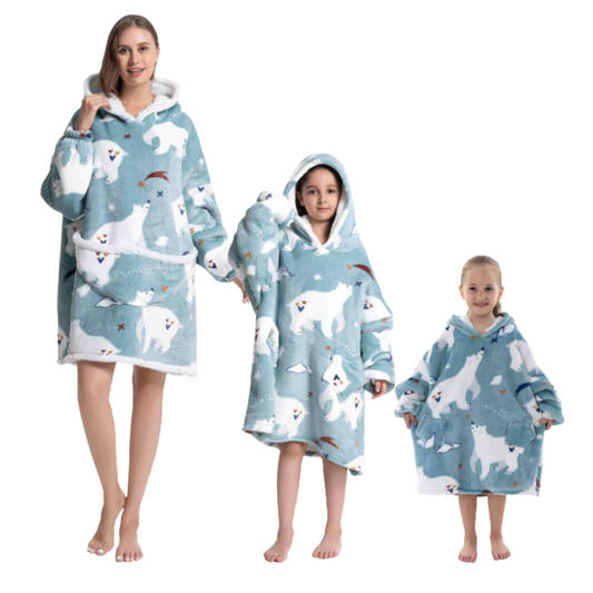 Three people of different age and size wearing a oversized polar bear design lounge hoodie.