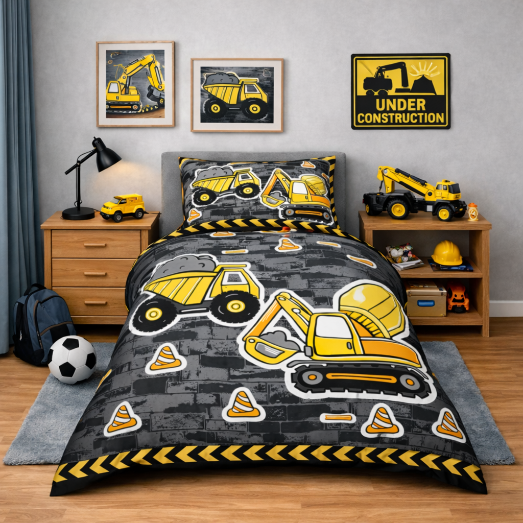 Children's bedroom with construction-themed bedding and decor